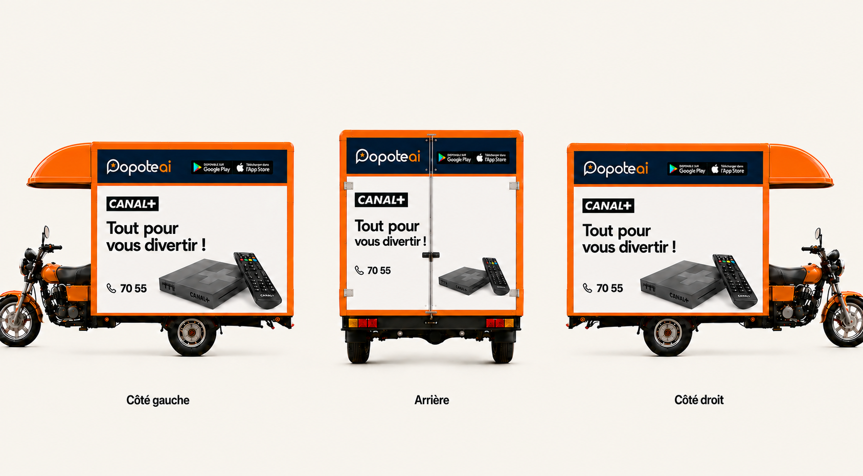 Tricycles publicitaires Popote AI × Canal+ · côté gauche, arrière et côté droit