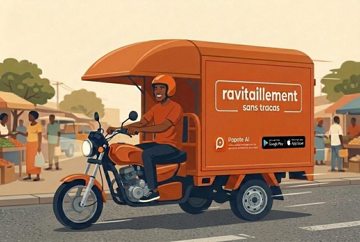 Une moto-tricycle de livraison Popote AI orange conduite par un livreur casqué, portant l'inscription « ravitaillement sans tracas », dans un marché ouest-africain animé.