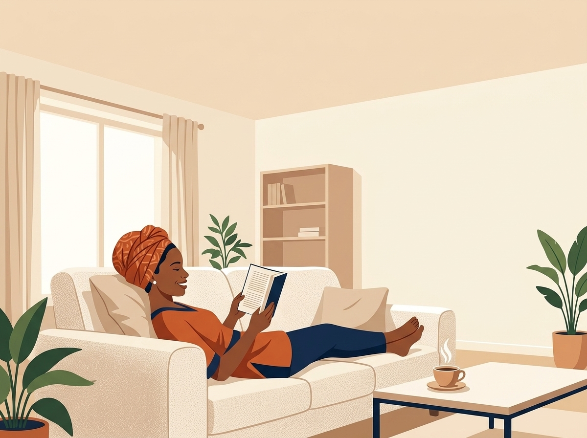 Une jeune femme détendue, allongée sur son canapé avec un livre et un café, profite de son temps libre.