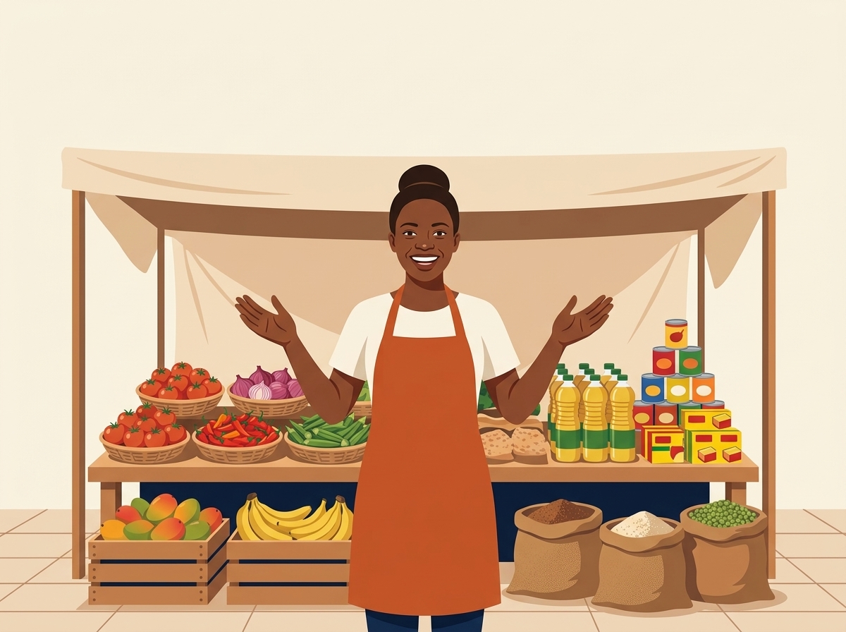 Une commerçante ouest-africaine en tablier orange sourit devant son étal de marché : cageots de tomates, oignons, piments, mangues, bananes, sacs de riz en jute, bouteilles d'huile, boîtes de tomate concentrée.