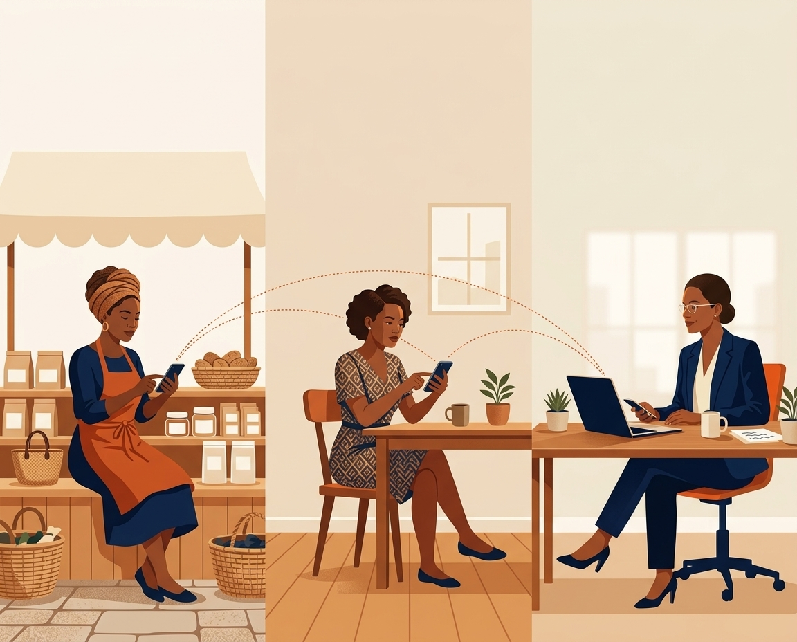 Trois zones connectées par des lignes pointillées orange : une commerçante en tablier orange sur son étal avec son smartphone, une consommatrice à son bureau avec son smartphone et un fabricant devant son ordinateur portable.
