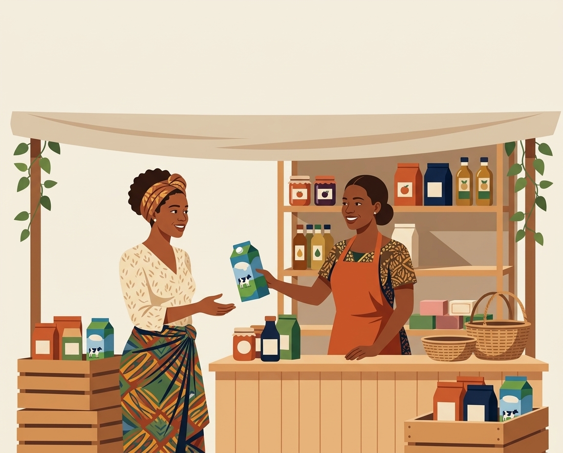 Une consommatrice à un étal, la commerçante en tablier orange lui tend un carton de Fresh Milk en substitution.