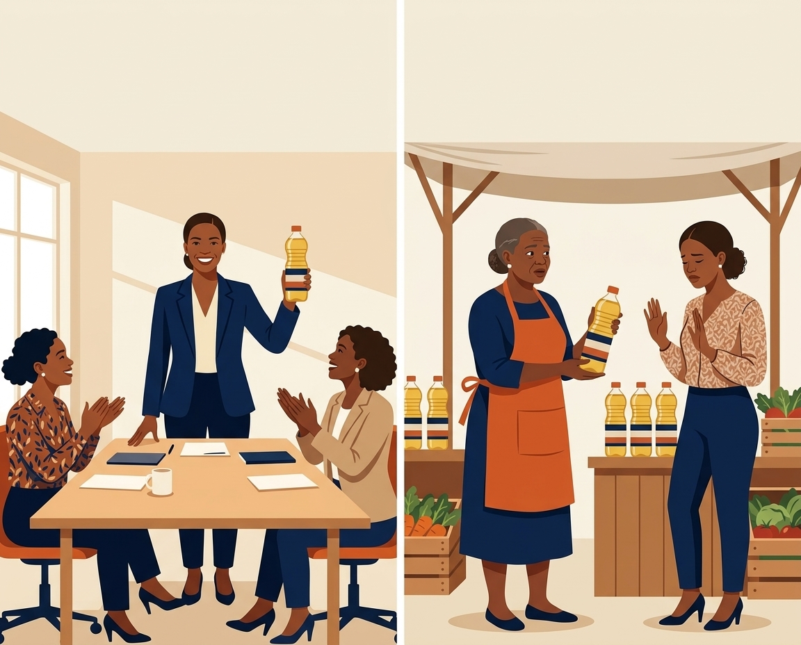 Diptyque : à gauche, un fabricant en salle de réunion présente le nouveau produit à ses équipes en annonçant le prix de vente conseillé. À droite, une commerçante à son étal propose le même produit à un prix plus élevé, la consommatrice refuse.