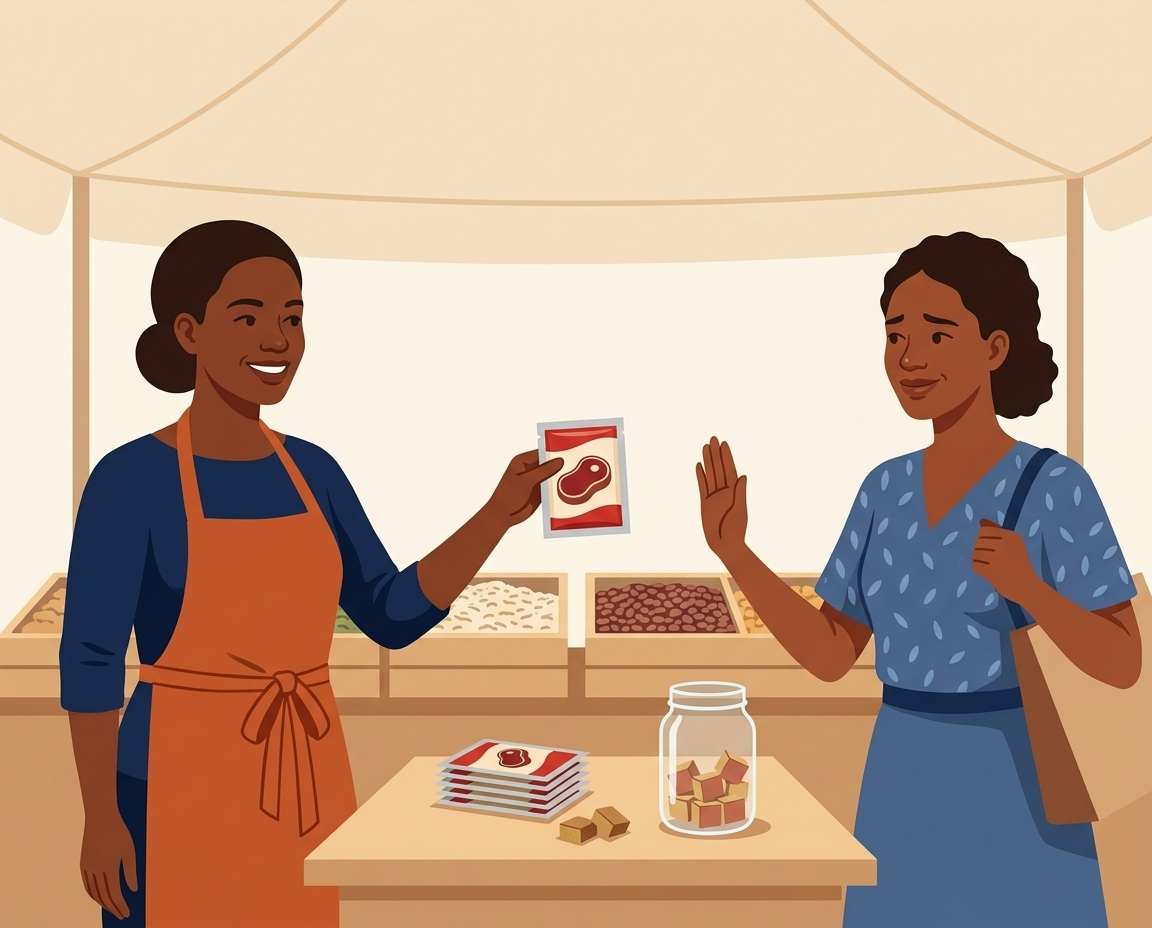 Une commerçante en tablier orange tend un sachet de bouillon à une consommatrice qui refuse poliment.