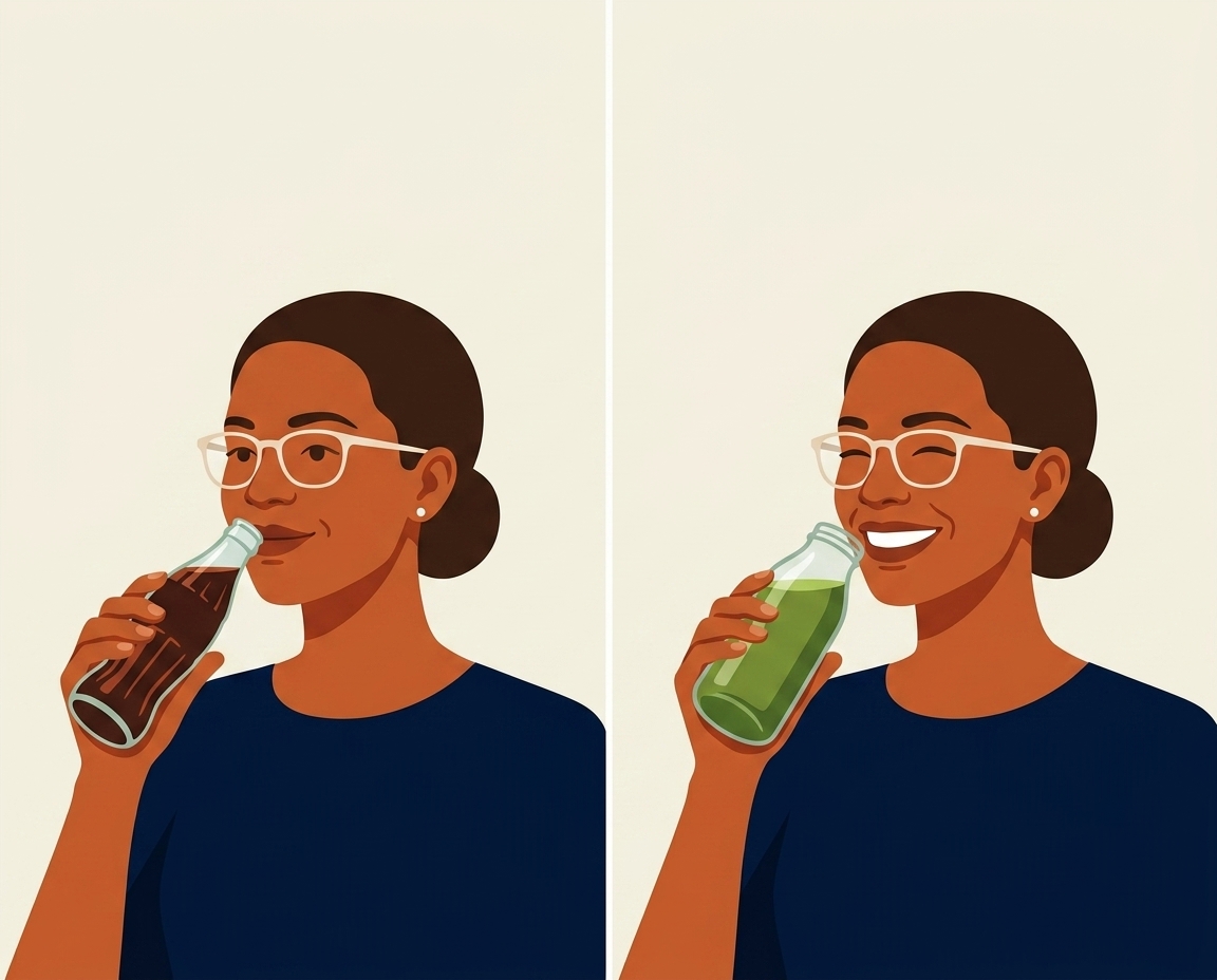 La même consommatrice dans deux moments : à gauche avec un soda classique, à droite avec une boisson plus saine, souriante dans les deux cas.