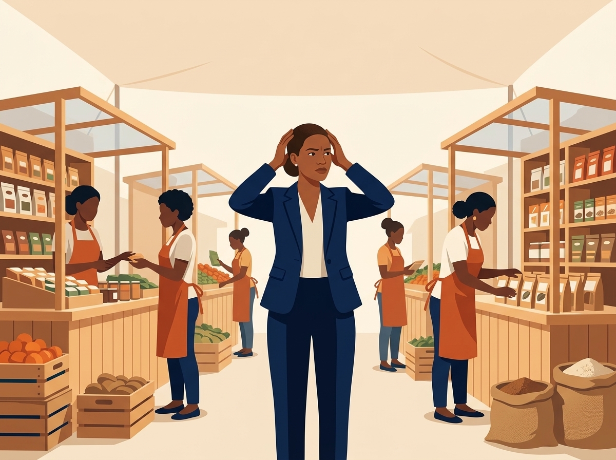 Une décideuse en blazer navy se tient au milieu d'un marché informel ouest-africain, les mains portées à la tête, perplexe sur ce qui se joue autour de son produit.
